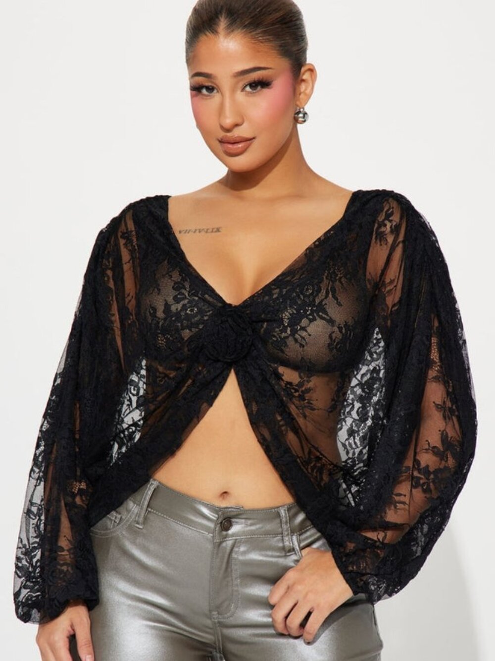 25$ Eloise Crochet Lace Party Cocktail Blouse Top Women's Size 4 Black
